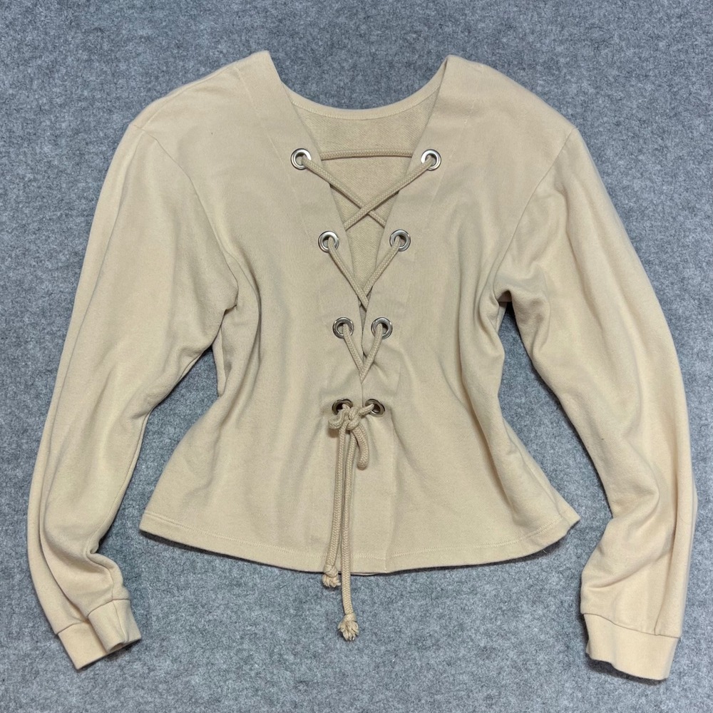Zara Basic Lace Up Front Grommet Cropped Sweatshirt‎ Beige Tan Smal